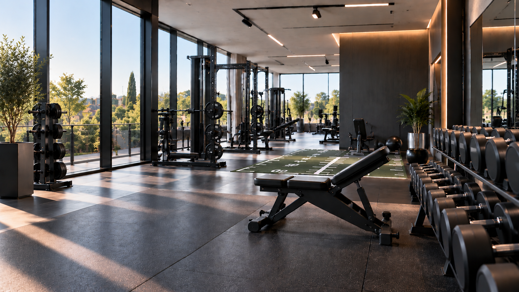 Salle de sport premium moderne et lumineuse, aux tons anthracite et argent