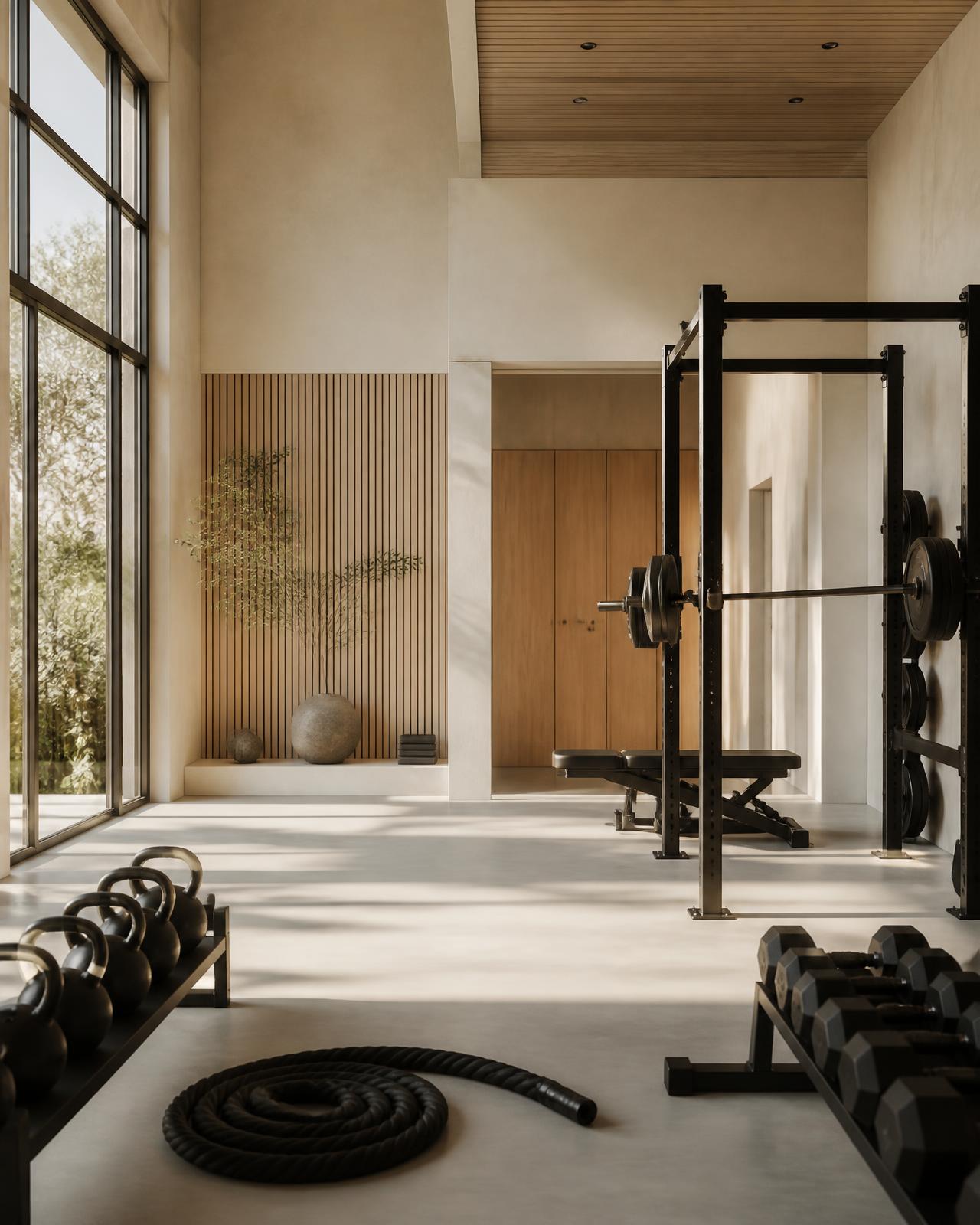 Salle de sport premium : rack, barre chargée, kettlebells et haltères sous une lumière naturelle